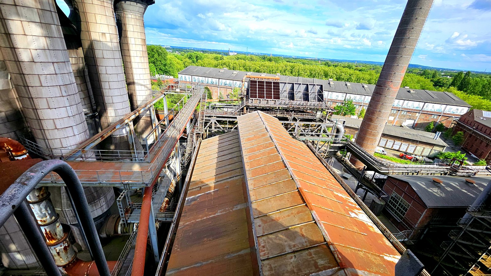 Steel structures and walkways of a former industrial plant.